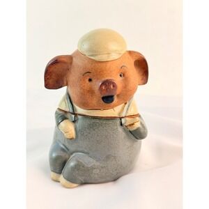 Vintage UCGC Japan Ceramic Pig trinket Canister Anthropomorphic Overalls 5.5"